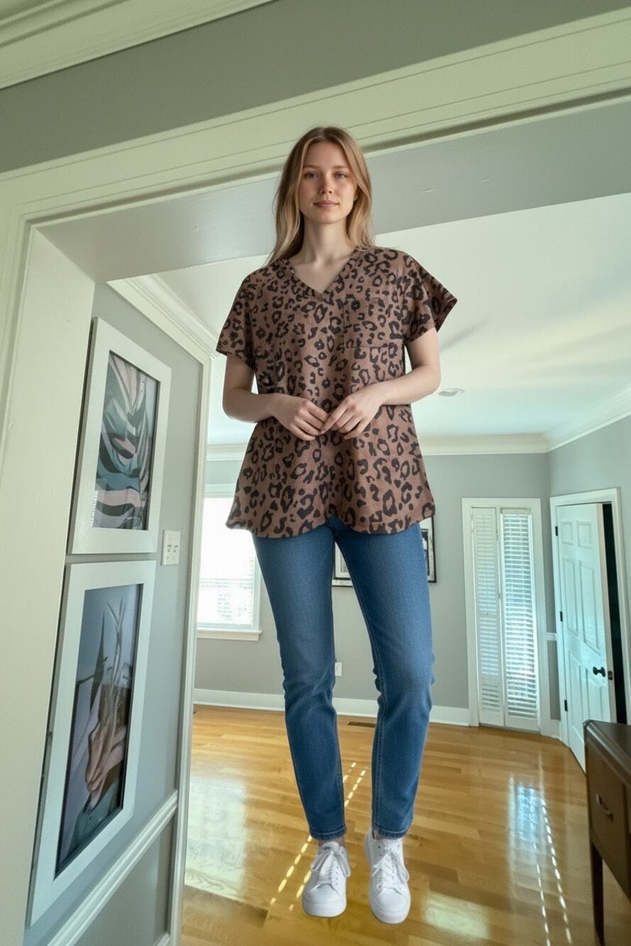SHEIN Women’s Leopard Print V Neck T Shirt Brown Black Pocket Top Size Large